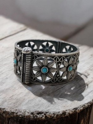 Rustic Flower Designer Stonework Silver Oxidised Bracelet Openable Broad Kada Bangle Boho Jewellery