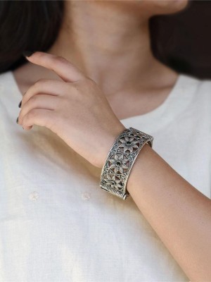 Rustic Flower Designer Stonework Silver Oxidised Bracelet Openable Broad Kada Bangle Boho Jewellery