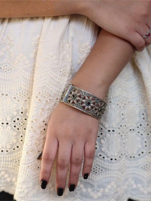 Rustic Flower Designer Stonework Silver Oxidised Bracelet Openable Broad Kada Bangle Boho Jewellery