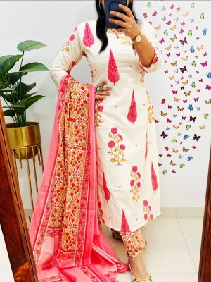 Aishwarya Red and White Kalamkari Designer Block Printed Indian Pakistani Straight Salwar Kameez Kurti Pant Set for Women - Set of 3