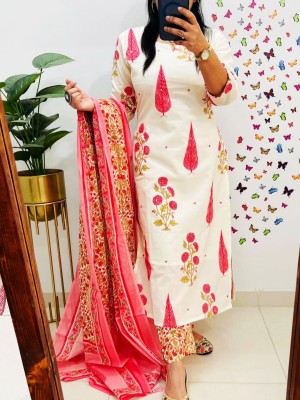 Aishwarya Red and White Kalamkari Designer Block Printed Indian Pakistani Straight Salwar Kameez Kurti Pant Set for Women - Set of 3