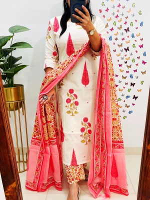 Aishwarya Red and White Kalamkari Designer Block Printed Indian Pakistani Straight Salwar Kameez Kurti Pant Set for Women - Set of 3