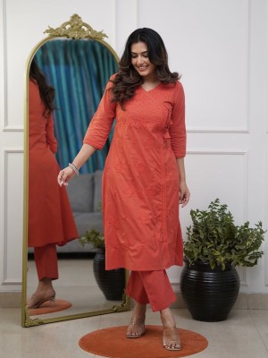 Red Color Floral Chikankari Embroidered Cotton Angrakha Style Kurti Pant Co Ord Set Salwar Kameez For Women - Set of 2