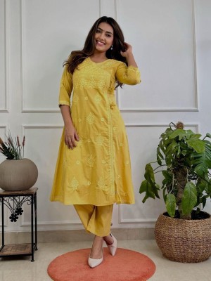 Yellow Color Floral Chikankari Embroidered Cotton Angrakha Style Kurti Pant Co Ord Set Salwar Kameez For Women - Set of 2