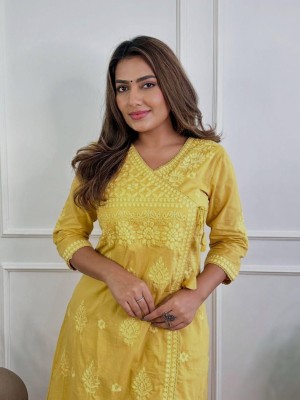 Yellow Color Floral Chikankari Embroidered Cotton Angrakha Style Kurti Pant Co Ord Set Salwar Kameez For Women - Set of 2