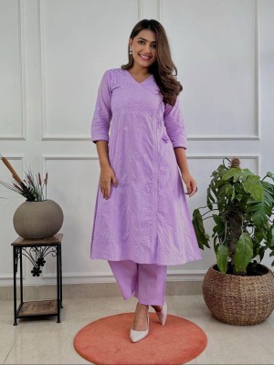 Lavender Color Floral Chikankari Embroidered Cotton Angrakha Style Kurti Pant Co Ord Set Salwar Kameez For Women - Set of 2