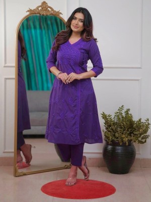 Purple Color Floral Chikankari Embroidered Cotton Angrakha Style Kurti Pant Co Ord Set Salwar Kameez For Women - Set of 2