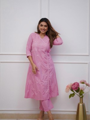 Pink Color Floral Chikankari Embroidered Cotton Angrakha Style Kurti Pant Co Ord Set Salwar Kameez For Women - Set of 2