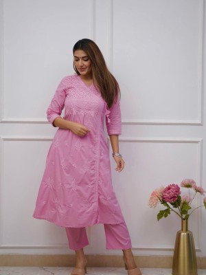 Pink Color Floral Chikankari Embroidered Cotton Angrakha Style Kurti Pant Co Ord Set Salwar Kameez For Women - Set of 2