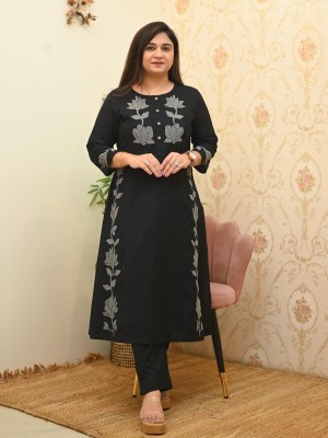Mahi Black Embroidery Indian Salwar Kameez Kurti Top Pant Co Ord Set - Set of 2