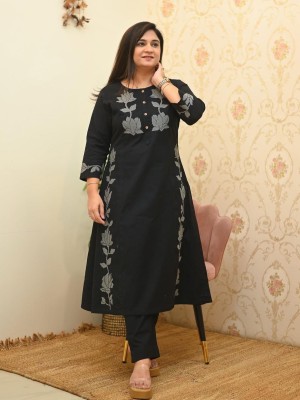 Mahi Black Embroidery Indian Salwar Kameez Kurti Top Pant Co Ord Set - Set of 2