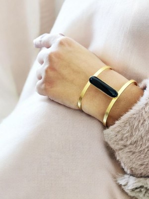 Attractive Broad Gold Plated Cuff Stylish Monalisa Stone Bangle Adjustable Contemporary Bracelet