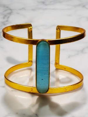 Attractive Broad Gold Plated Cuff Stylish Monalisa Stone Bangle Adjustable Contemporary Bracelet
