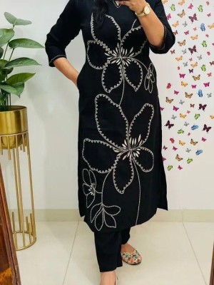 Black Embroidered Indian Straight Salwar Kameez Kurti Top Pant Co Ord Set - Set of 2