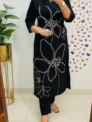 Black Embroidered Indian Straight Salwar Kameez Kurti Top Pant Co Ord Set - Set of 2