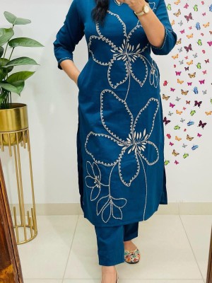 Dark Blue Embroidered Indian Straight Salwar Kameez Kurti Top Pant Co Ord Set - Set of 2