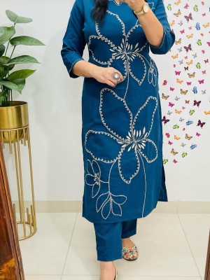 Dark Blue Embroidered Indian Straight Salwar Kameez Kurti Top Pant Co Ord Set - Set of 2