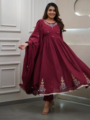 Maroon Embroidered Cotton Anarkali Kurti Pant Dupatta Set Readymade Salwar Kameez for Women - Set of 3