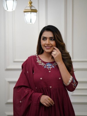 Maroon Embroidered Cotton Anarkali Kurti Pant Dupatta Set Readymade Salwar Kameez for Women - Set of 3