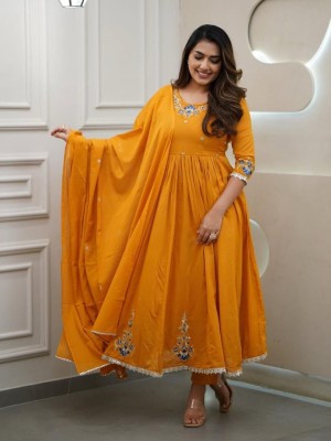 Mustard Yellow Embroidered Cotton Anarkali Kurti Pant Dupatta Set Readymade Salwar Kameez for Women - Set of 3