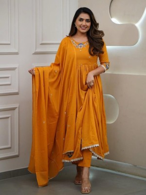 Mustard Yellow Embroidered Cotton Anarkali Kurti Pant Dupatta Set Readymade Salwar Kameez for Women - Set of 3