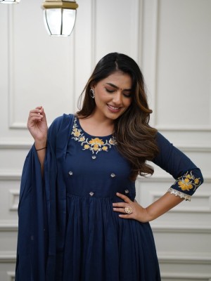 Navy Blue Embroidered Cotton Anarkali Kurti Pant Dupatta Set Readymade Salwar Kameez for Women - Set of 3