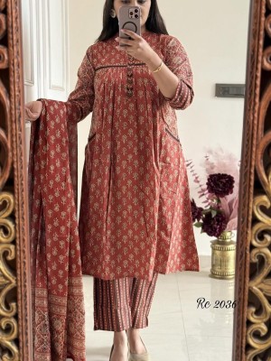 Red Sanganeri Floral Printed Cotton Anarkali Kurti Pant Dupatta Set Readymade Salwar Kameez with Pockets for Women - Set of 3