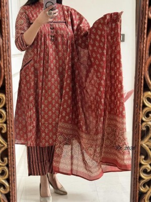 Red Sanganeri Floral Printed Cotton Anarkali Kurti Pant Dupatta Set Readymade Salwar Kameez with Pockets for Women - Set of 3