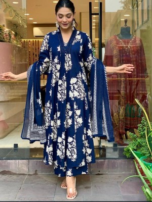 Blue Embroidered Cotton Anarkali Kurti Pant Dupatta Set Readymade Salwar Kameez for Women - Set of 3