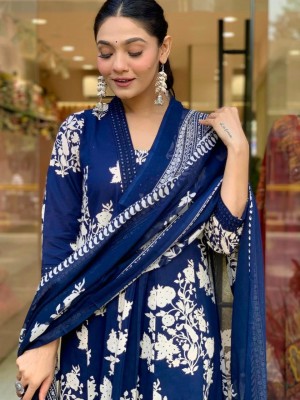 Blue Embroidered Cotton Anarkali Kurti Pant Dupatta Set Readymade Salwar Kameez for Women - Set of 3