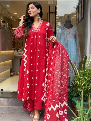 Red Embroidered Zigzag Printed Cotton Anarkali Kurti Pant Dupatta Set Readymade Salwar Kameez for Women - Set of 3
