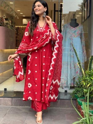 Red Embroidered Zigzag Printed Cotton Anarkali Kurti Pant Dupatta Set Readymade Salwar Kameez for Women - Set of 3