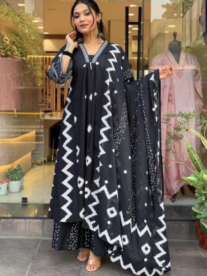 Black Embroidered Zigzag Printed Cotton Anarkali Kurti Pant Dupatta Set Readymade Salwar Kameez for Women - Set of 3