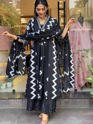 Black Embroidered Zigzag Printed Cotton Anarkali Kurti Pant Dupatta Set Readymade Salwar Kameez for Women - Set of 3