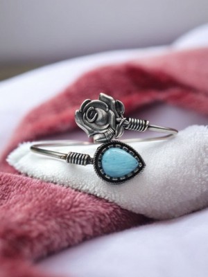 Silver Oxidized Rose Flower Bracelet Designer Monalisa Stone Cuff Bangle Affordable Boho Jewellery