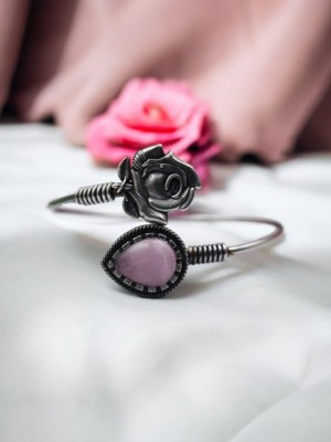 Silver Oxidized Rose Flower Bracelet Designer Monalisa Stone Cuff Bangle Affordable Boho Jewellery