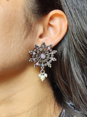 Stunning Snowfall Designer Round Stud Earring Silver Oxidised Ethnic Pearl Drops Earring Set for Girls