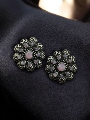 Exquisite Round Flower Stone Work Stud Silver Oxidized Affordable Tops Earring Boho Jewelry for Girls