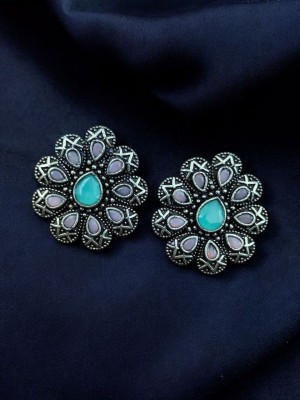 Exquisite Round Flower Stone Work Stud Silver Oxidized Affordable Tops Earring Boho Jewelry for Girls