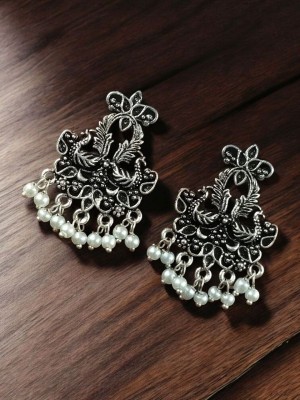 Intricate Traditional Indian Peacock Stud Silver Plated Earring Stylish Pearl Drops Boho Jewellery Earring
