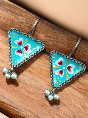 Antique Art Hand Painted Hook Earring Silver Oxidized Handmade Drop Earring with Pearl Beads Drop