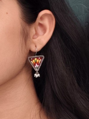 Antique Art Hand Painted Hook Earring Silver Oxidized Handmade Drop Earring with Pearl Beads Drop