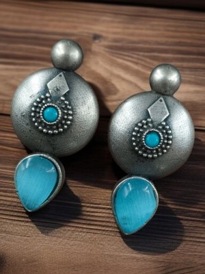Tribal Monalisa Stonework Round Stud Rustic Silver Oxidized Tops Earrings Gypsy Jewelry for Girls
