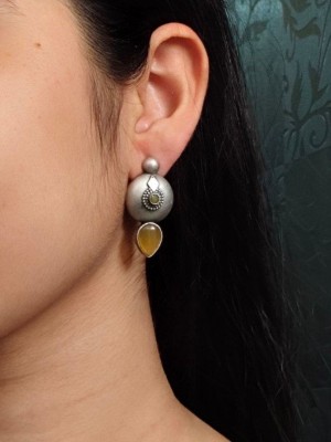 Tribal Monalisa Stonework Round Stud Rustic Silver Oxidized Tops Earrings Gypsy Jewelry for Girls