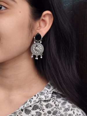 Exquisite Parrot Designer Silver Oxidised Dangler Earring Monalisa Stonework Earring Pearl Beads Drop