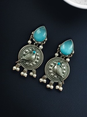 Exquisite Parrot Designer Silver Oxidised Dangler Earring Monalisa Stonework Earring Pearl Beads Drop