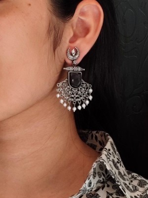 Traditional Pakistani Crescent Moon Chand Bali Silver Oxidised Monalisa Stonework Dangler Earrings Set