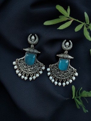 Traditional Pakistani Crescent Moon Chand Bali Silver Oxidised Monalisa Stonework Dangler Earrings Set