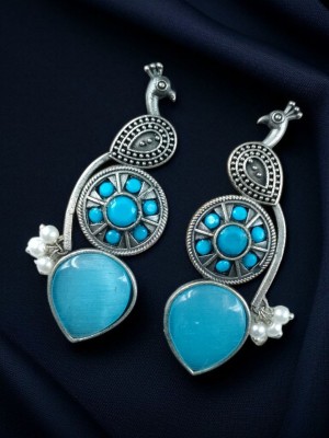 Classy Designer Peacock Stud Boho Chic Silver Oxidized Monalisa Stone Work Earrings Indian Jewellery