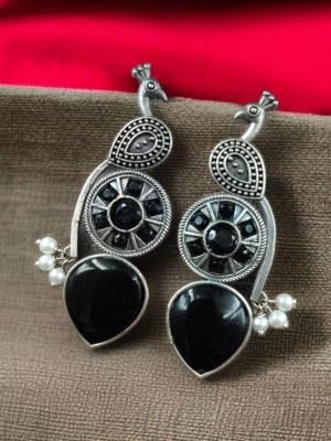 Classy Designer Peacock Stud Boho Chic Silver Oxidized Monalisa Stone Work Earrings Indian Jewellery